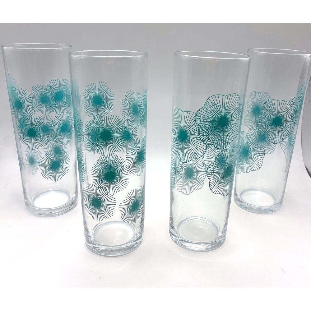 IKEA Snäll Highball Glasses Set of 4 Turquoise Atomic Sunburst 1970s Vintage MCM